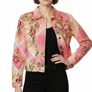 Vintage 90s REDD Jeans Jacket Sequined Floral Fully Lined Colorful Womens 10